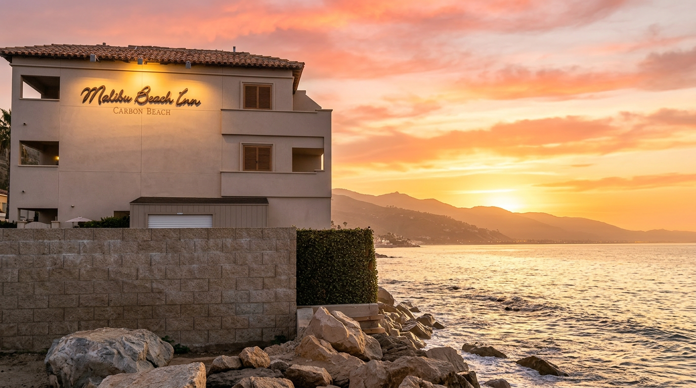 Malibu Beach Inn sign at sunset